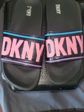 DKNY Black Slide Sandals with Pink Logo and Blue Accent